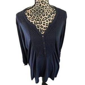 Faded Glory Blouse 4x Blue Minimalist Lace Neck Boho Plus Hippie Lagenlook
